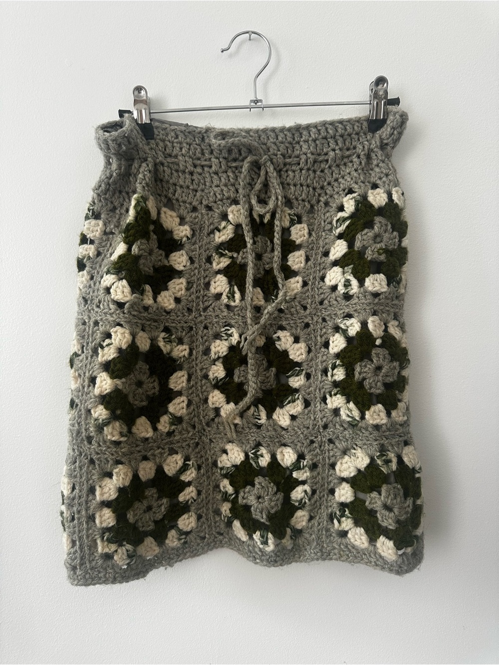 Gray Crochet Mini Skirt with Olive and Cream Accents